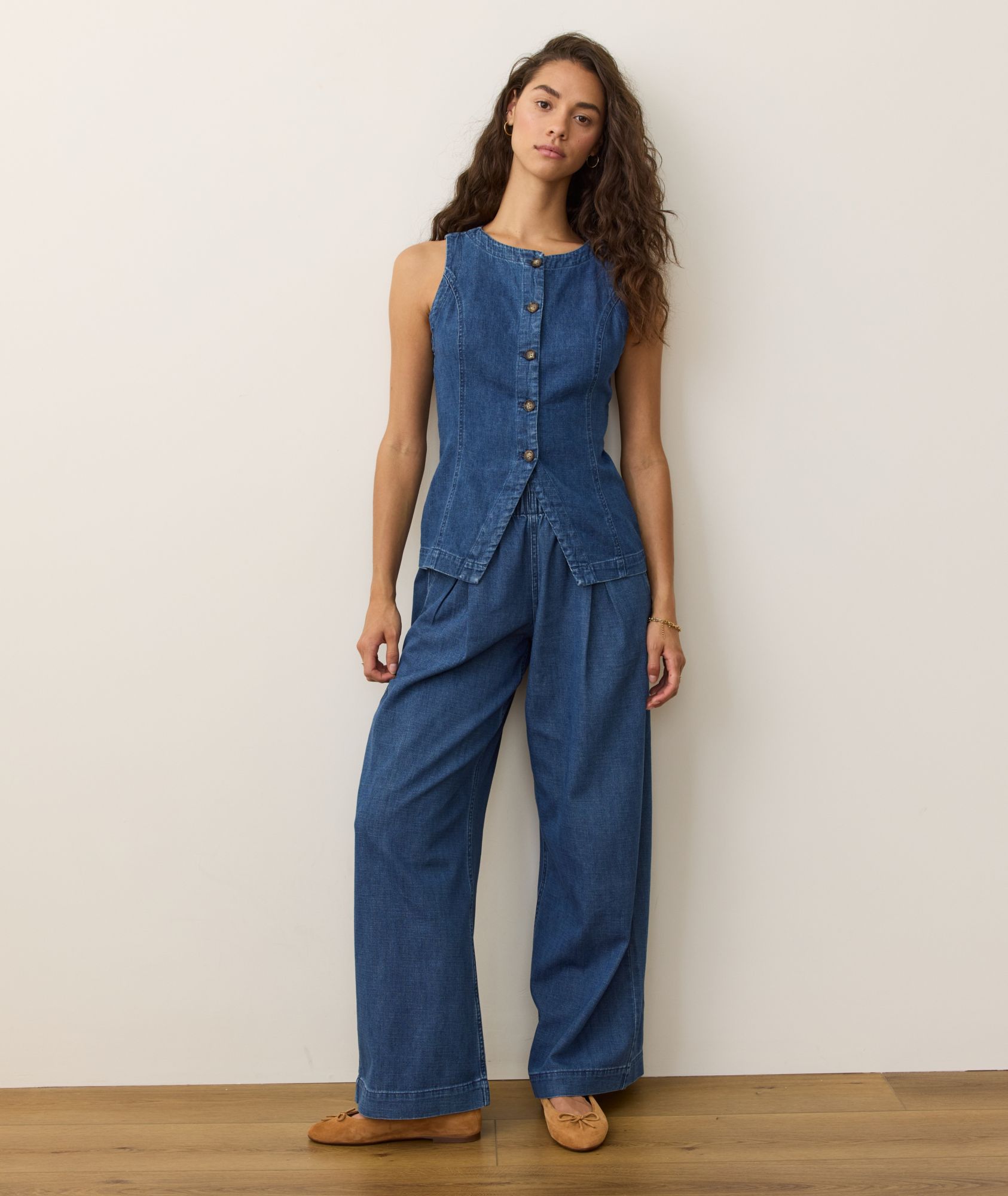 Marine Layer Women 's Allison Pleated Wide Leg Denim Trouser